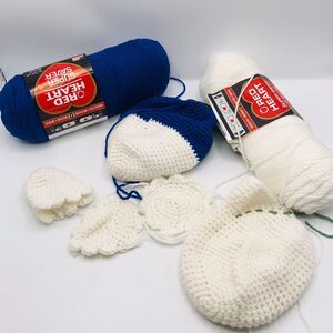 Lot of 2 Red Heart Yarn Skeins With Abandoned Crochet Project  Blue and White